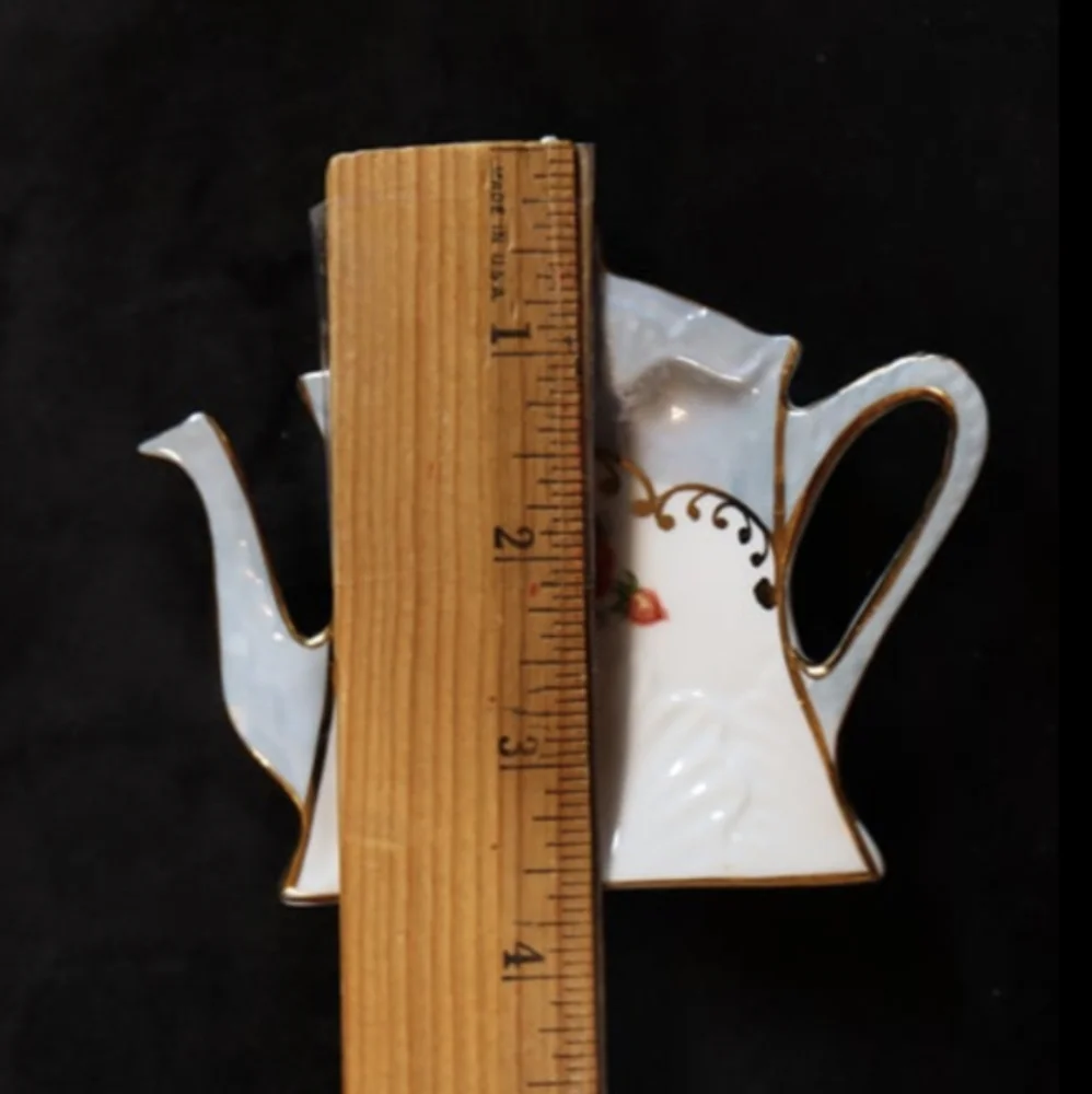 Cracker Barrel Tea Pot with Baby Blue with Gold Scrolling & Rose Trinket Dish